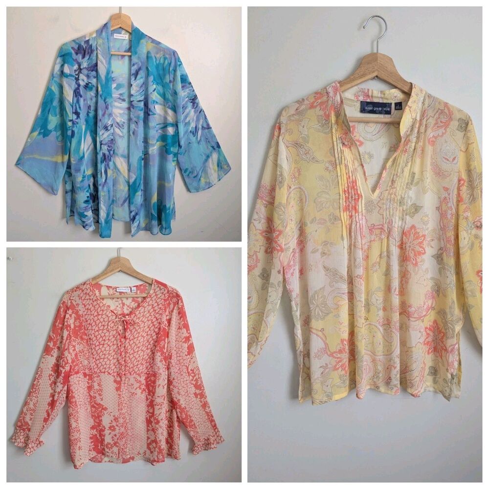 Susan Graver Sheer Blouse Top LOT of 3 L Floral Sheer Chiffon Long Sleeve Blouse